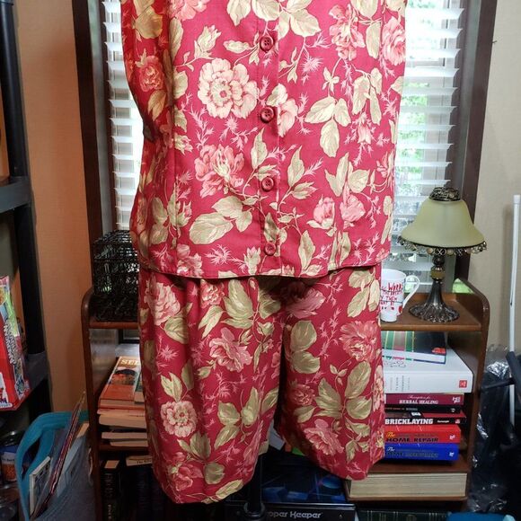 Vintage Napa Valley Red Pink Floral Pleated High Waist Shorts Set Sleeveless L M - Picture 3 of 11